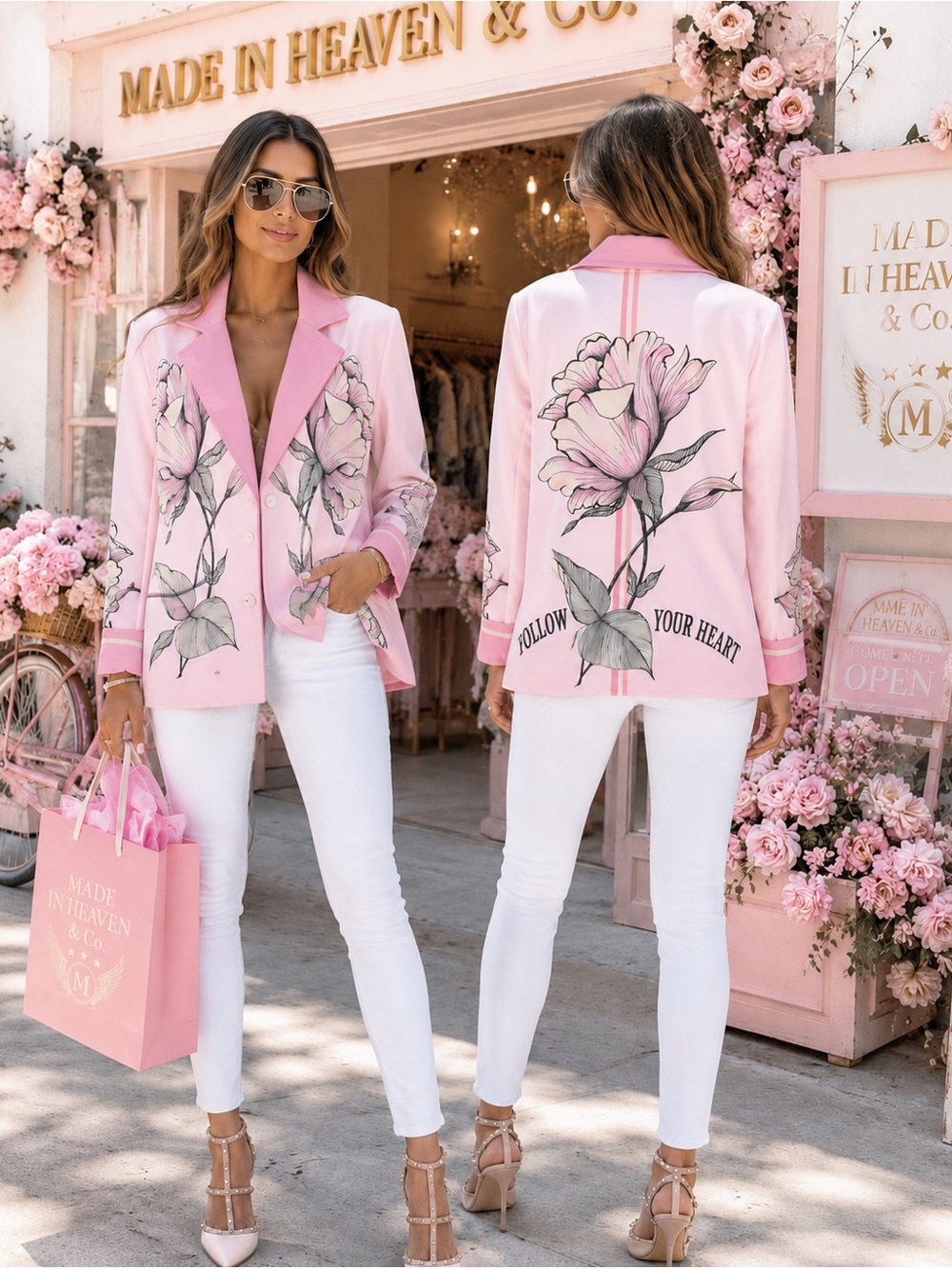 ROSA LUNA rhinestone flower  Pink Floral Blazer Jacket